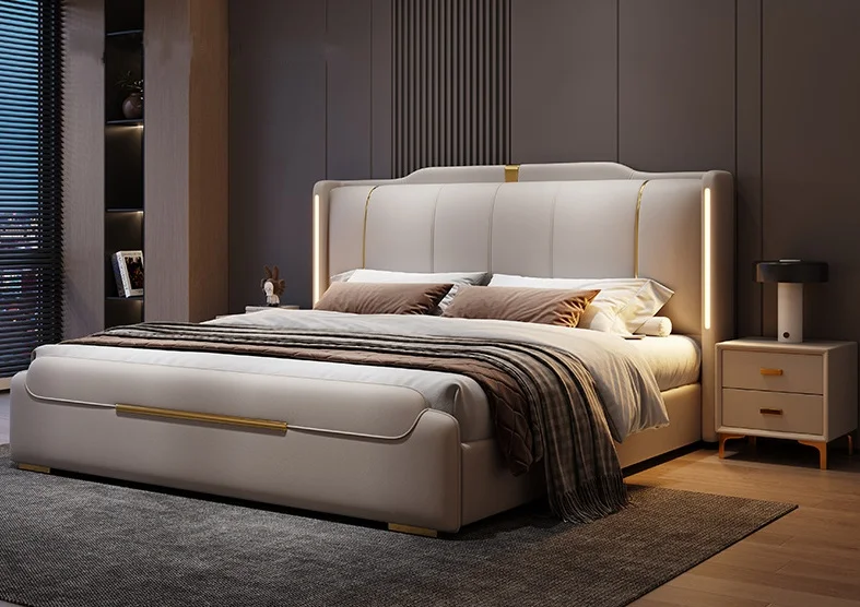 Wholesale Modern King Size Microfiber Leather Bed Luxury Bedroom Furniture Set Wooden Frame Soft Upholstered Beds Led Light