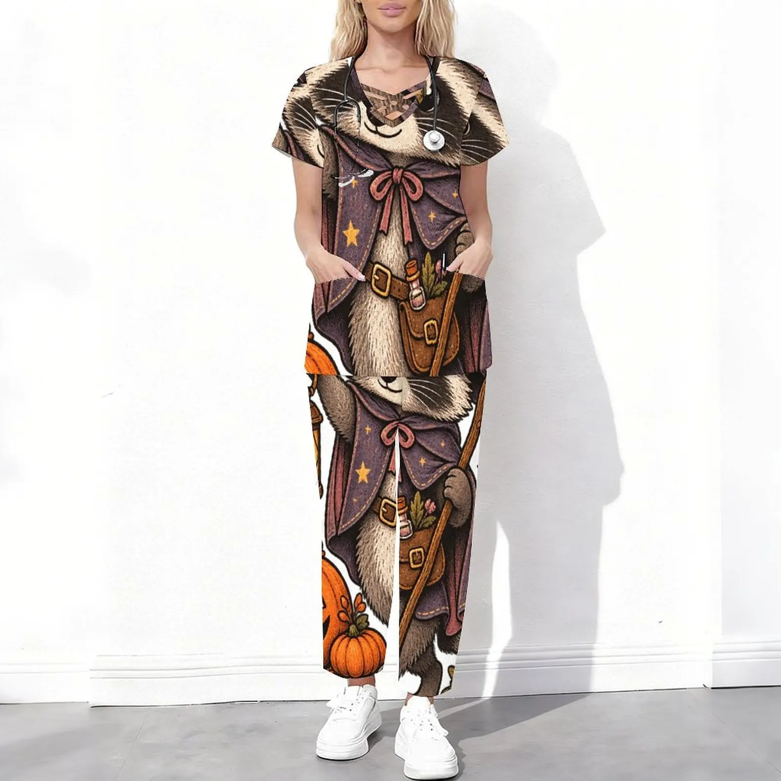 Women Printed Wizard Raccoon Pumpkin Short Sleeve Cutout Neck Scrub Set With Pockets Long Pants 2 Piece Outfit