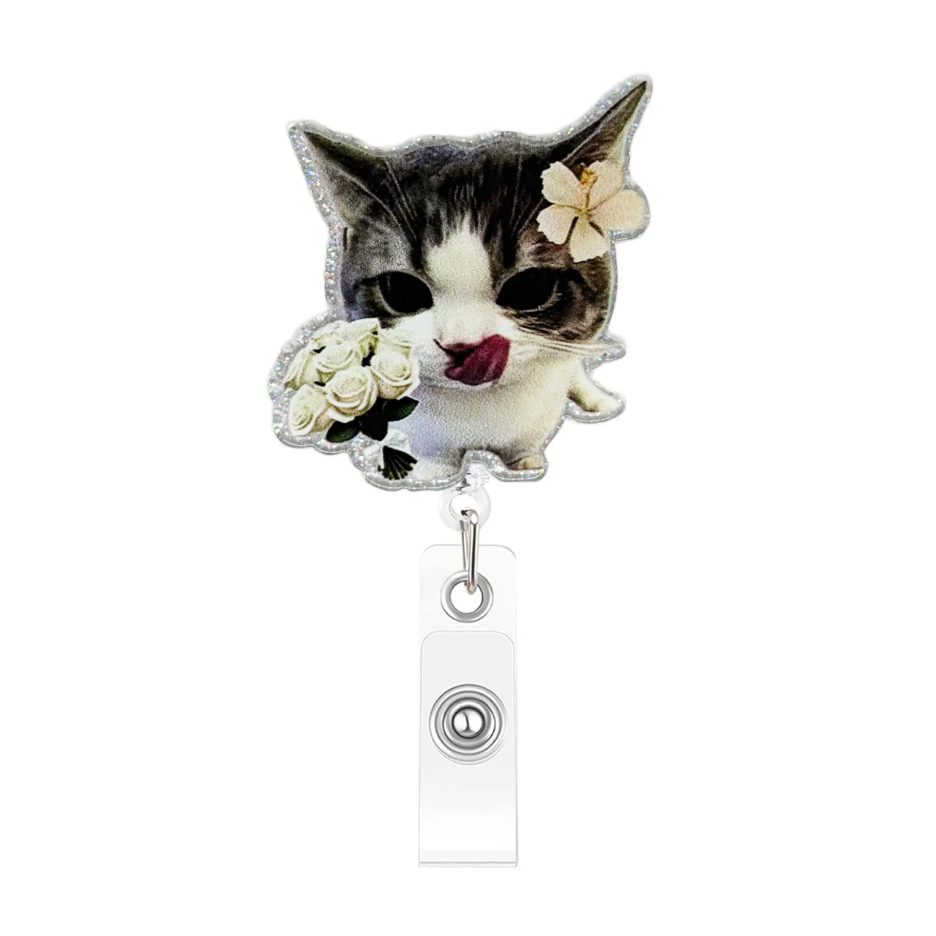 New Arrival 1 Piece Glitter Acrylic Funny Anime Floral Cat Retractable Nurse Badge Reel Doctor Teacher ID Card Holder Xmas Gift