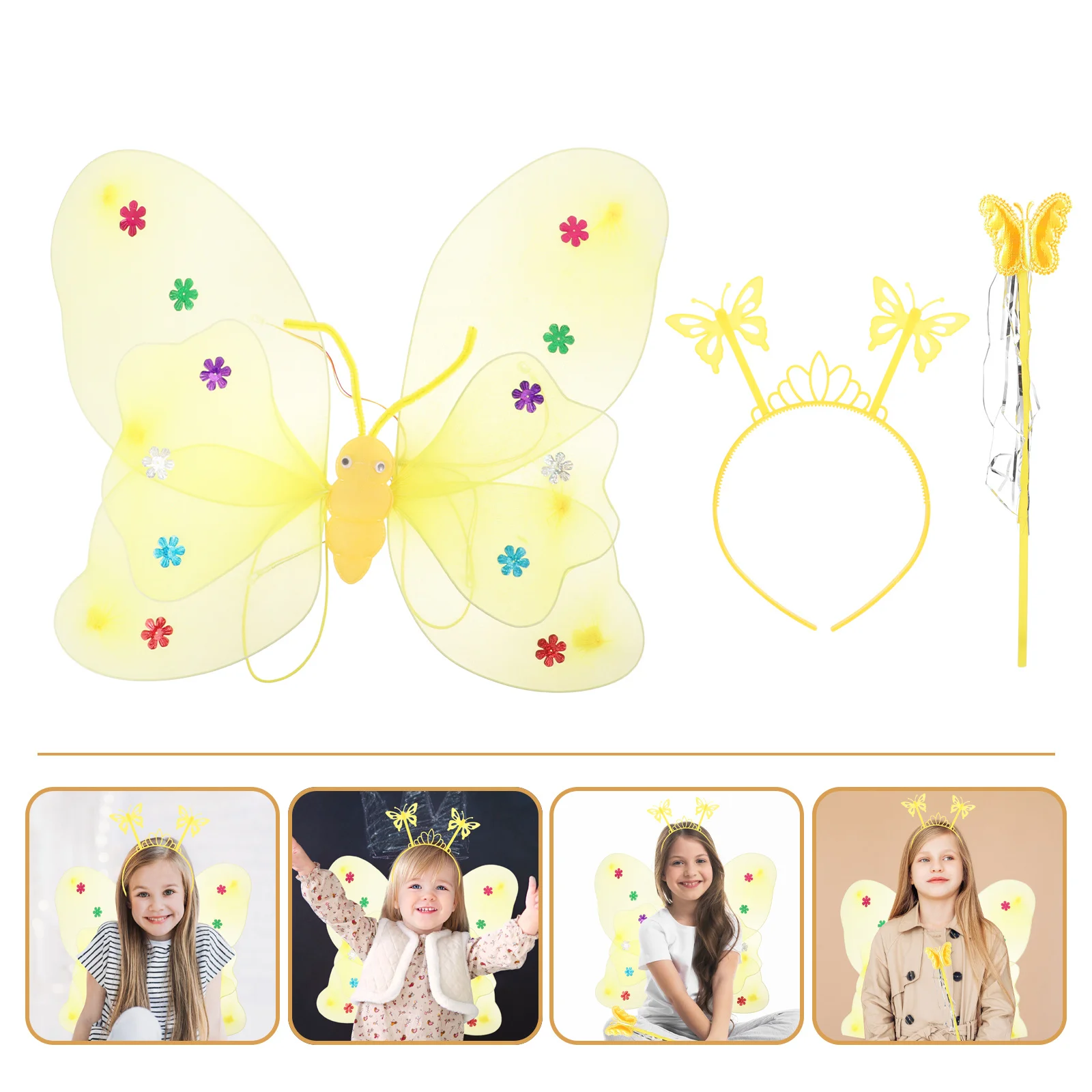 Set di costumi cosplay a doppio strato da 3 pezzi per ragazze, compleanno, danza, Halloween, adorabile accessorio per ali glitterate con bastoncini da fata