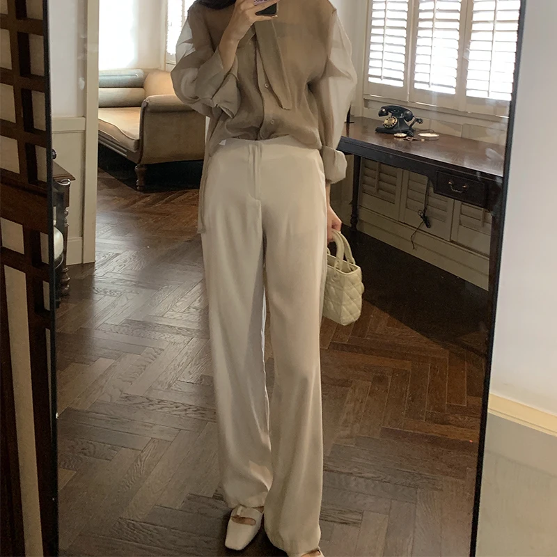 

Повседневные широкие брюки-костюмные штаны с высокой талией для женщин, универсальные длинные брюки из смесового полиэстера, летняя коллекция