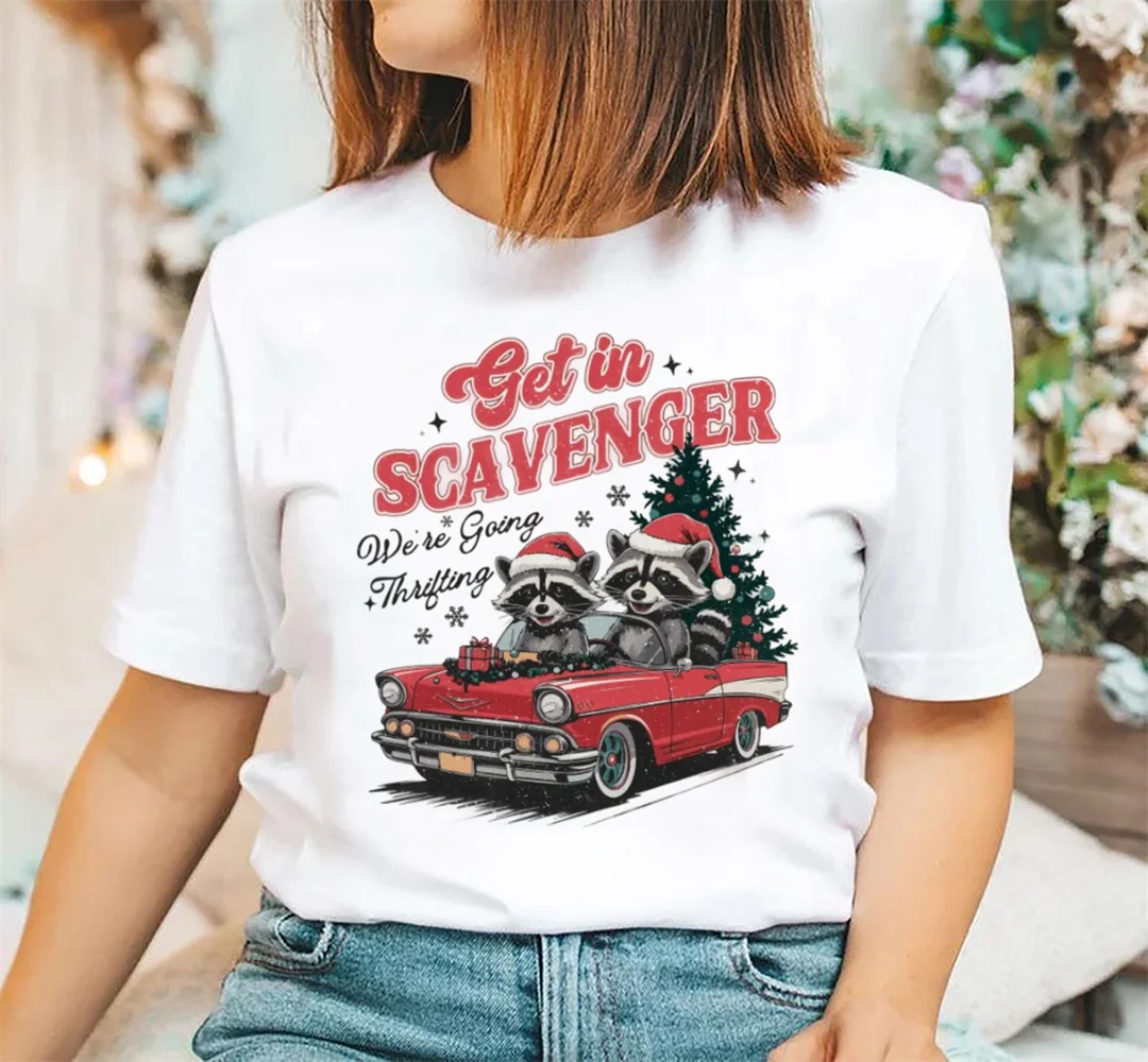 

Raccoon Pattern Cute Women's New Year T-Shirt Printed Christmas Top Round Neck Women's Clothing Short Sleeved Basic Casual T-Shi