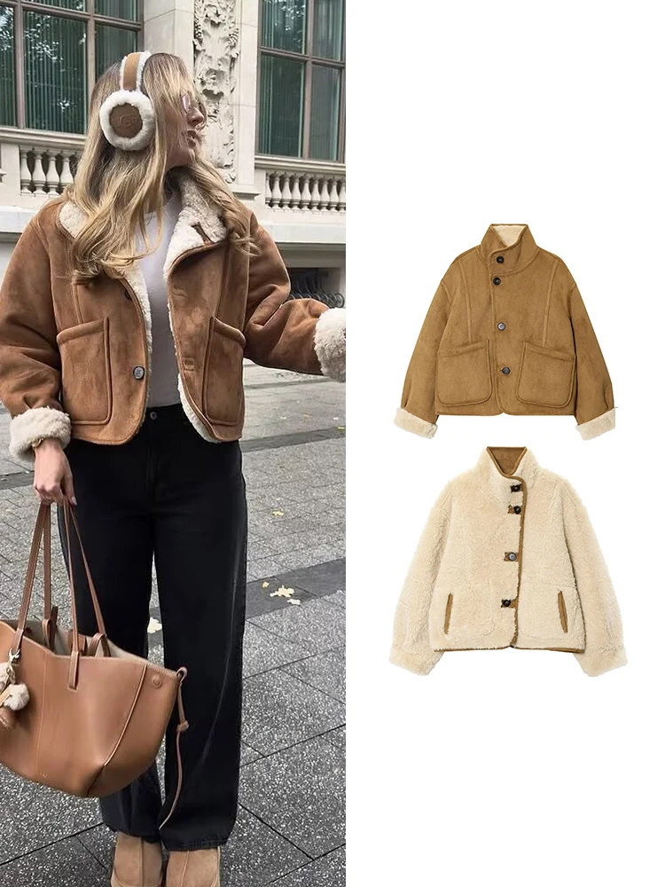 

2025 женская двусторонняя флисовая куртка, новый двусторонний дизайн, длинный рукав, воротник-стойка, пальто на пуговицах, женское теплое повседневное пальто