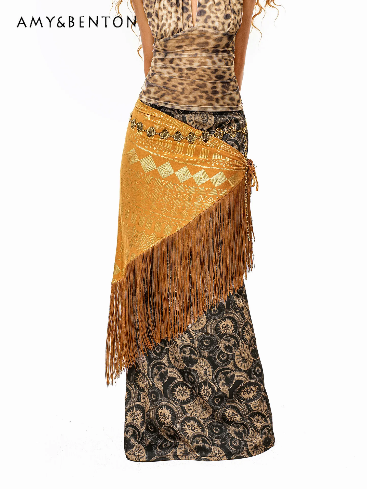 

2026 Summer New Arrival Exotic Boho Mystical Vintage Style Sun Print Mermaid Maxi Skirt Women High Waist Bodycon Long Skirt