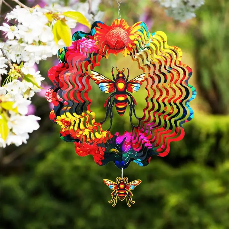 AB11 Flowering Bee Wind Chimes, Wind Spinner Outdoor, Stainless Steel Hanging Wind Spinners for Decoration, 3D Visual Effect