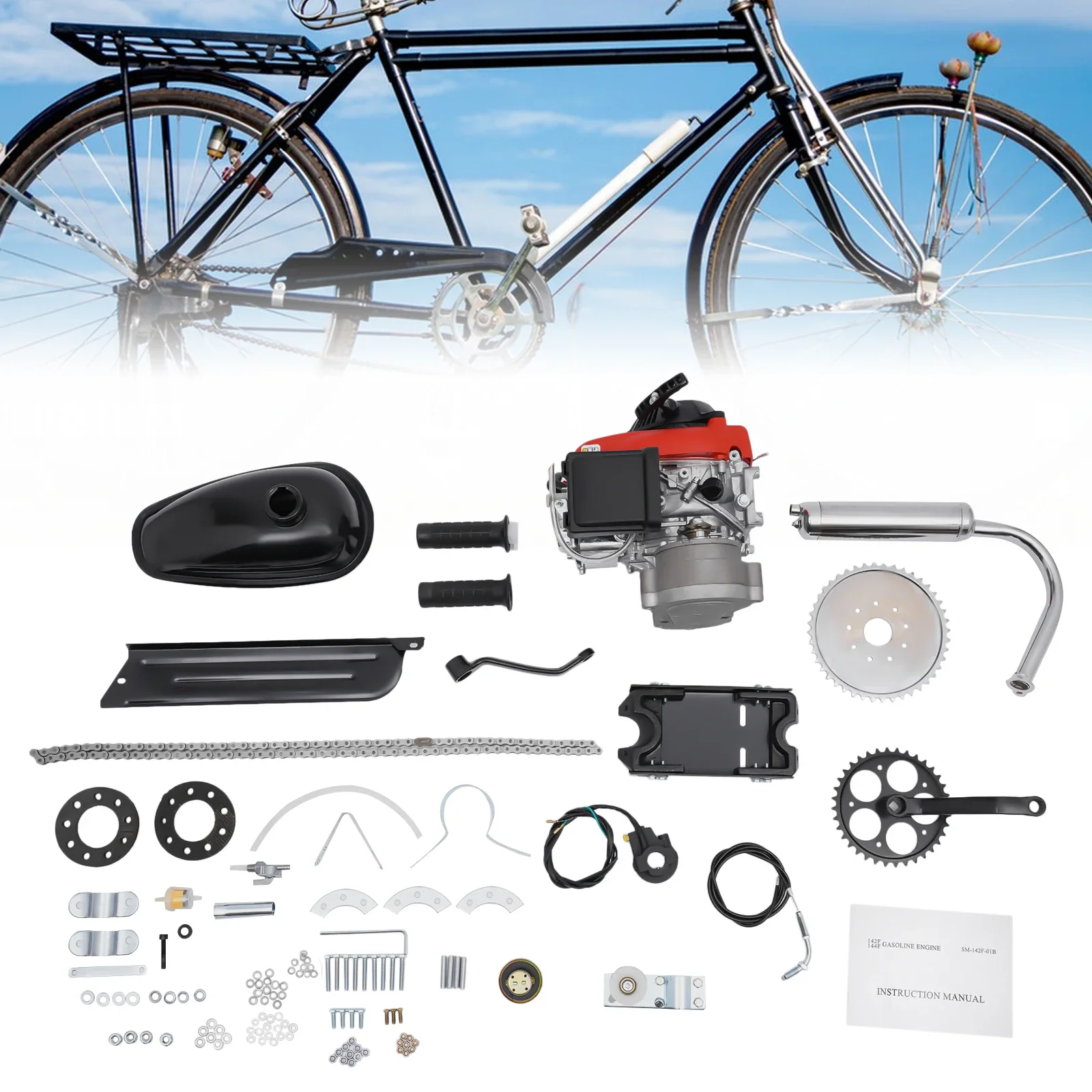 

53cc 4-Stroke Gas Engine Motor Kit for Bicycle, 1.5kw Power, 6800rpm, Hand-Pull Start, Ideal for 100cc Engine Upgrades