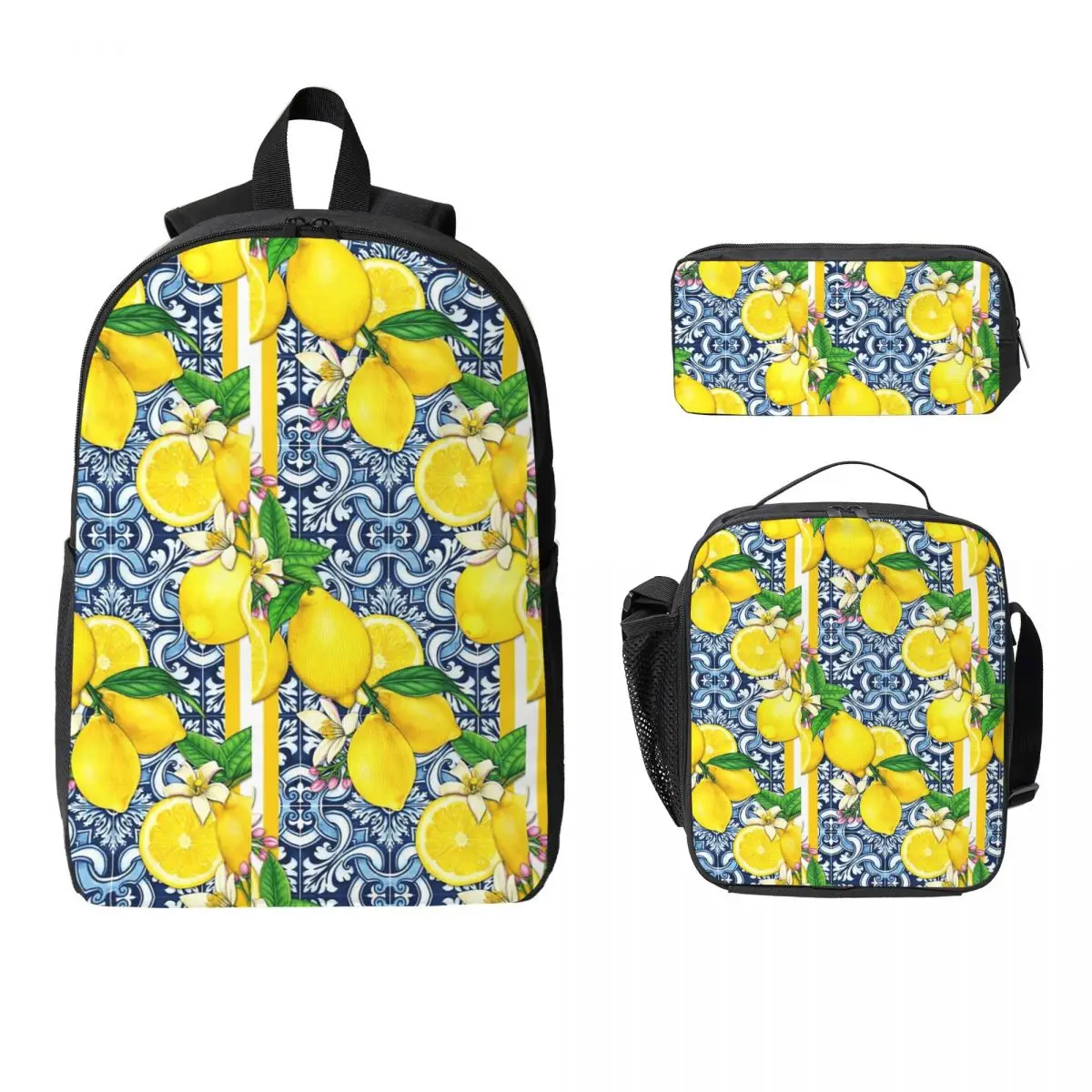

Lemon Sorrento Style Tile Pillow Backpack Boys Girls BookBag School Bag Laptop Shoulder Bags 3ps Insulated Lunch Bag Pencil Case