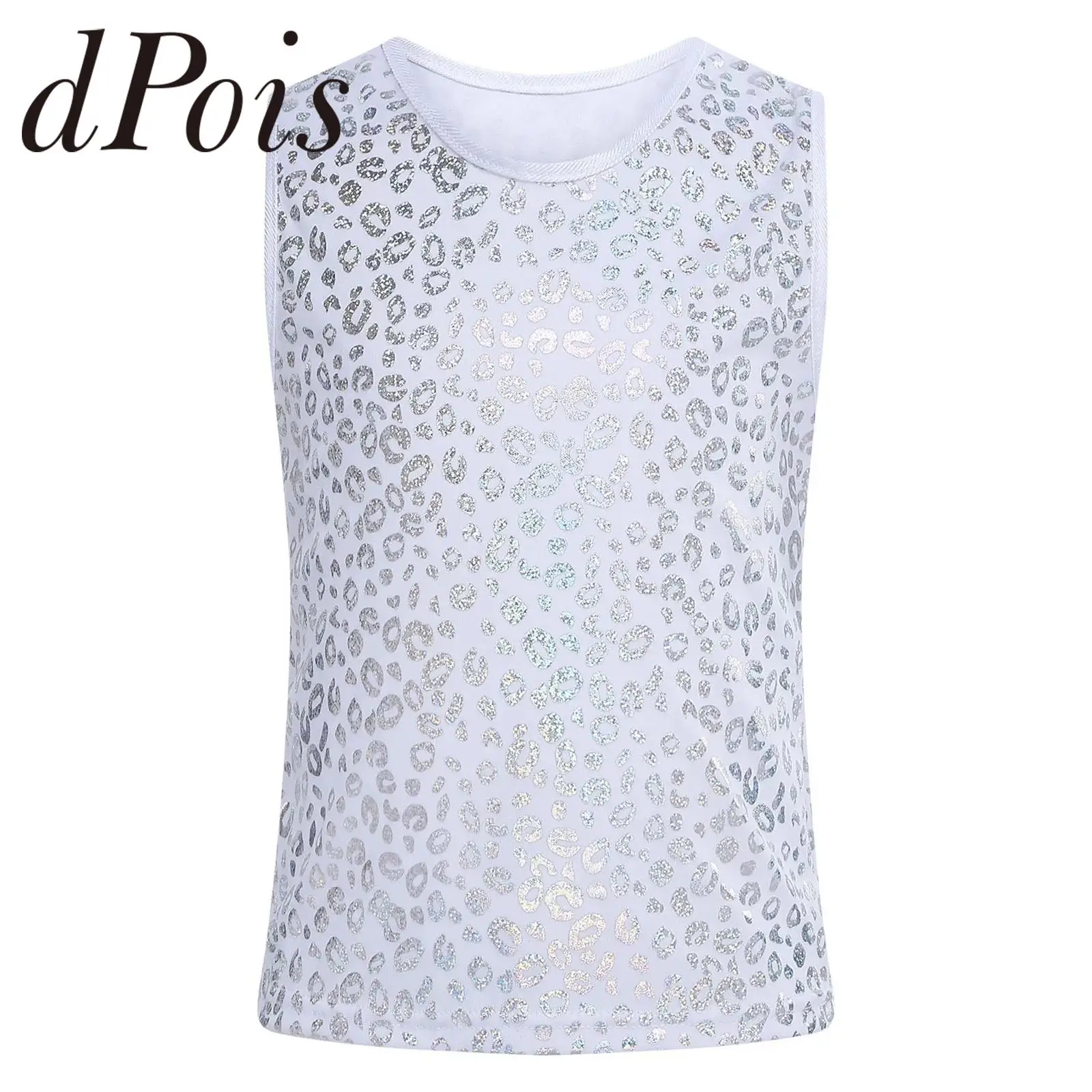 

Girls Boys Fashion Sleeveless Tank Top Metallic Leopard Street Kids Cheerleading Tops Jazz Dance Vest Stage Performance Costume