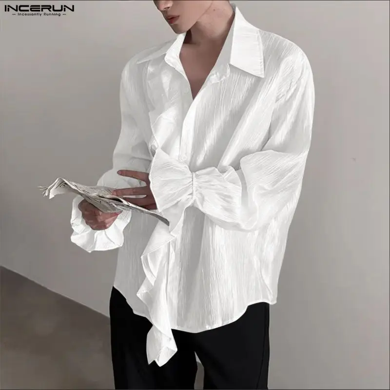 

INCERUN Мужская рубашка, однотонная плиссированная рубашка с рюшами и лацканами, мужская одежда с длинными рукавами, уличная одежда, свободные модные повседневные топы, мужские рубашки S-5XL