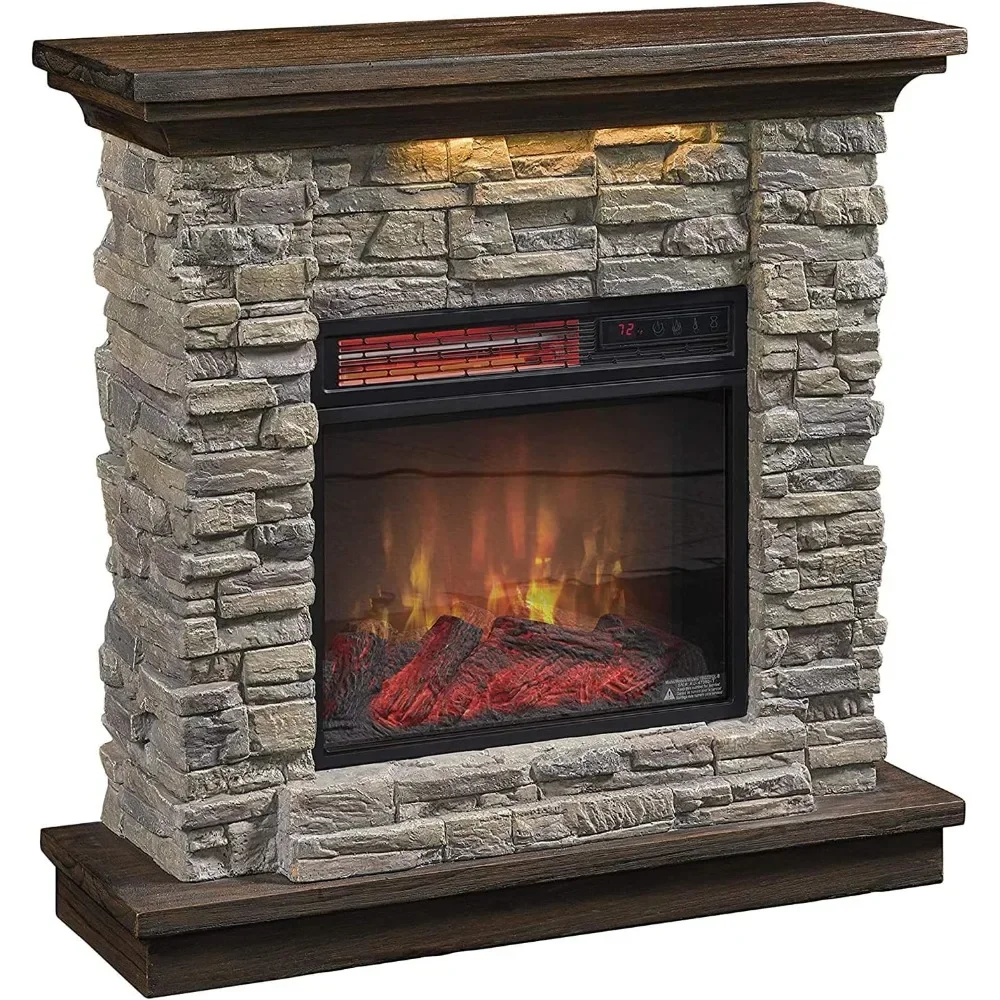 

Wall Mantel Electric Fireplace with Remote Control, Smoky Gray Stone