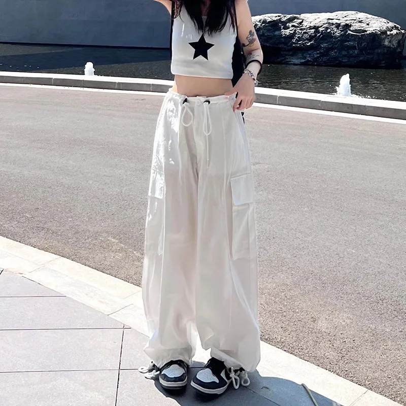 

High Waist Drawstring Leggings Casual Pants Women's Autumn Thin White Overalls Loose Thin Wide Leg Pants
