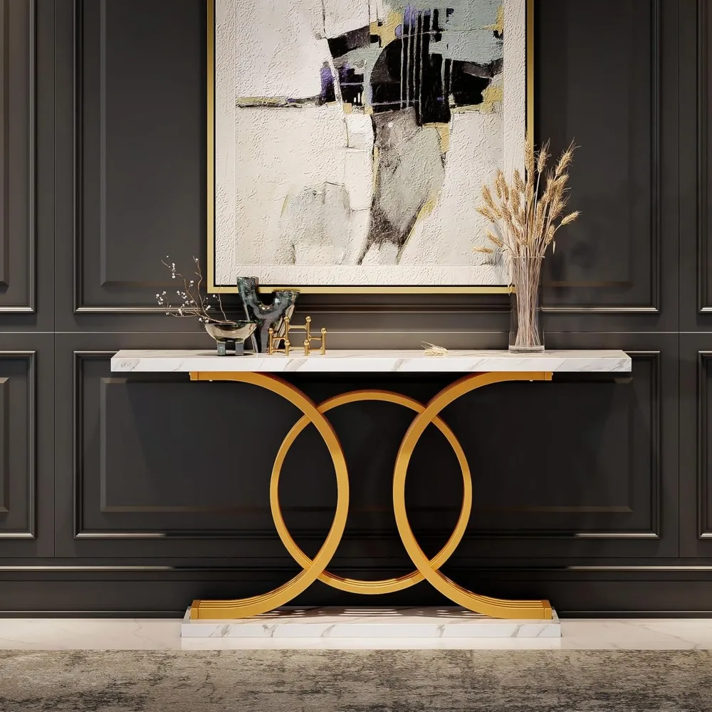 55 Inch Gold Entryway Table, Modern Faux Marble Console Table with Circle Metal Legs, Narrow Table Behind Sofa Couch