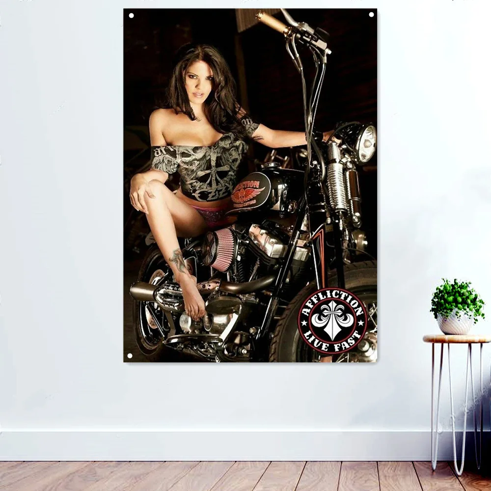 

Busty Lady Biker Motorcycle Wall Art Posters and Prints Banner Flag Painting for Men Cave Teen Boys Room Decor Mural Tapestry