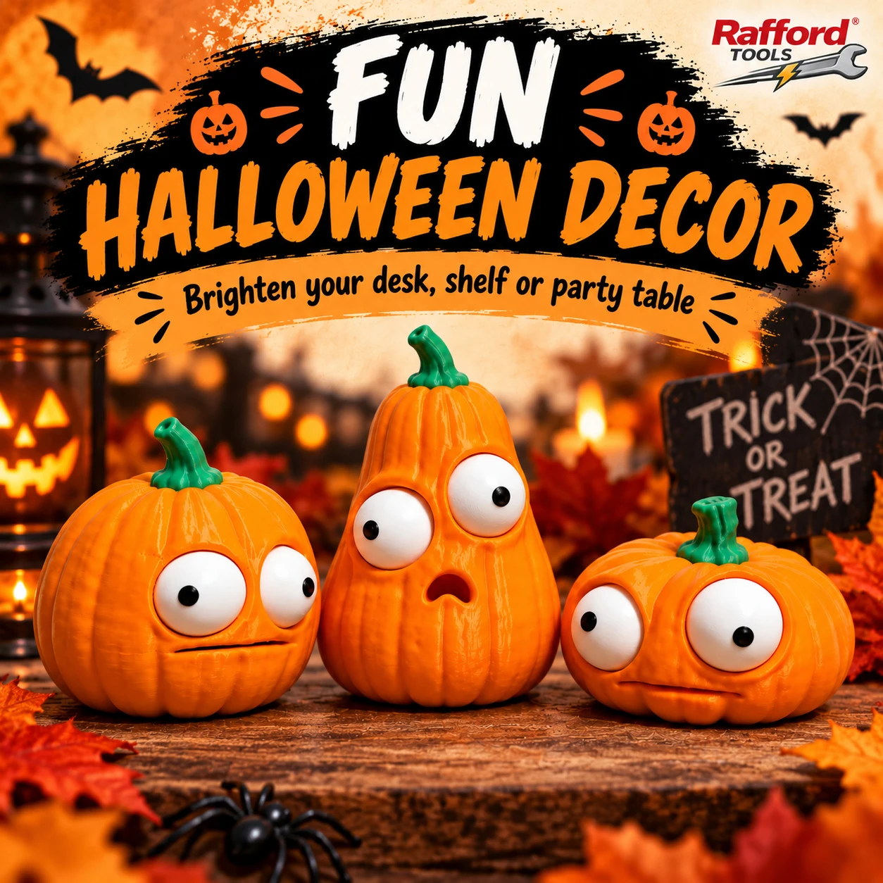 Rafford 3-teiliges Set Lustige Halloween-Kürbisfiguren mit Beweglichen Augen, Niedliche Kürbis-Dekorationen für Schreibtisch, Regal, Party und Heimdekoration – Detail 3