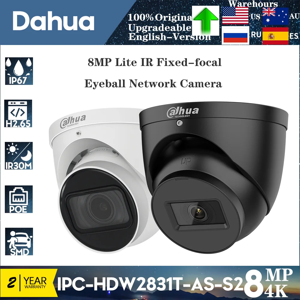 Original Dahua 4K 8MP Camera IPC-HDW2831T-AS-S2 IR PoE Build-in LED Mic SD Card Slot Surveillance Starlight max IR distance 30 m