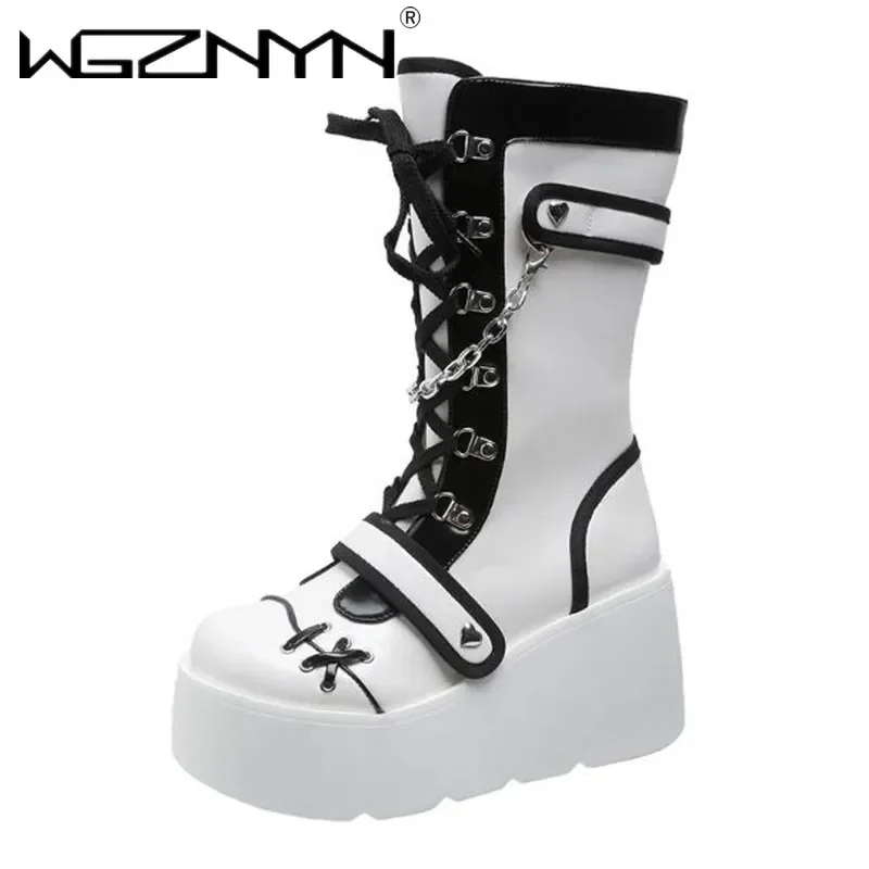 2024 Kawaii Sweet Gothic Platform Mid Calf Boots Women Street Autumn Wedges High Heels Punk Boots Girls Cute Cosplay Women Shoes