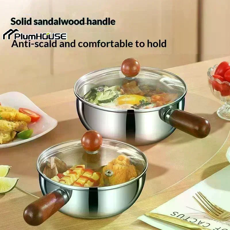17cm Single-person Pot Stainless Steel Bowl Walnut Wood Handle Fruit Salad Yogurt Bowl Restaurant Breakfast Cooking Tool