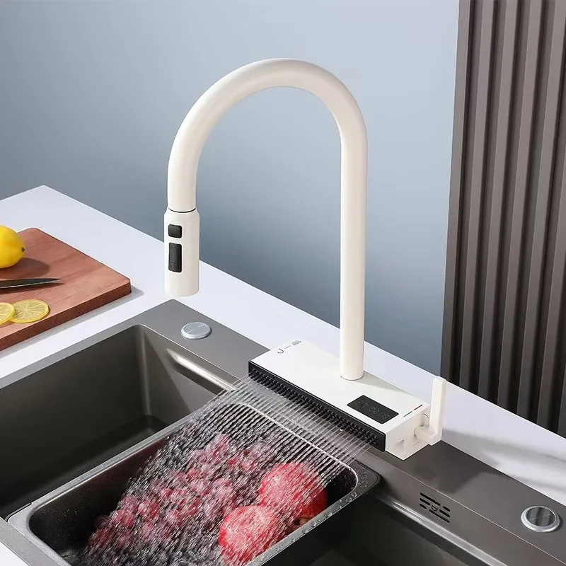 All Copper Kitchen Faucet with Digital Display Pull-Out Single Hole Hot and Cold Water Vegetable Washing Basin Waterfall Nozzle