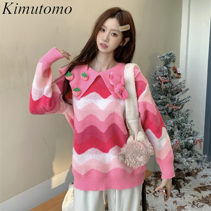 Kimutomo Peter Pan Collar Pink Kawaii Sweater Women Contrast Gentle Wind Dopamine Sweaters Korean Chic Design Knit Pullover