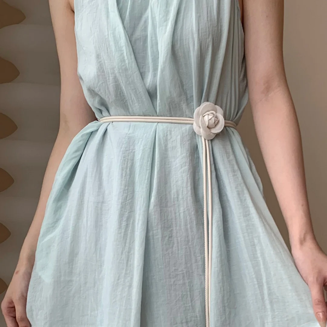 Floral Rose Thin Drawstring Waist Belt Adjustable Flower Decor Rope Strap Elegant Accessory For Summer Casual Dresses