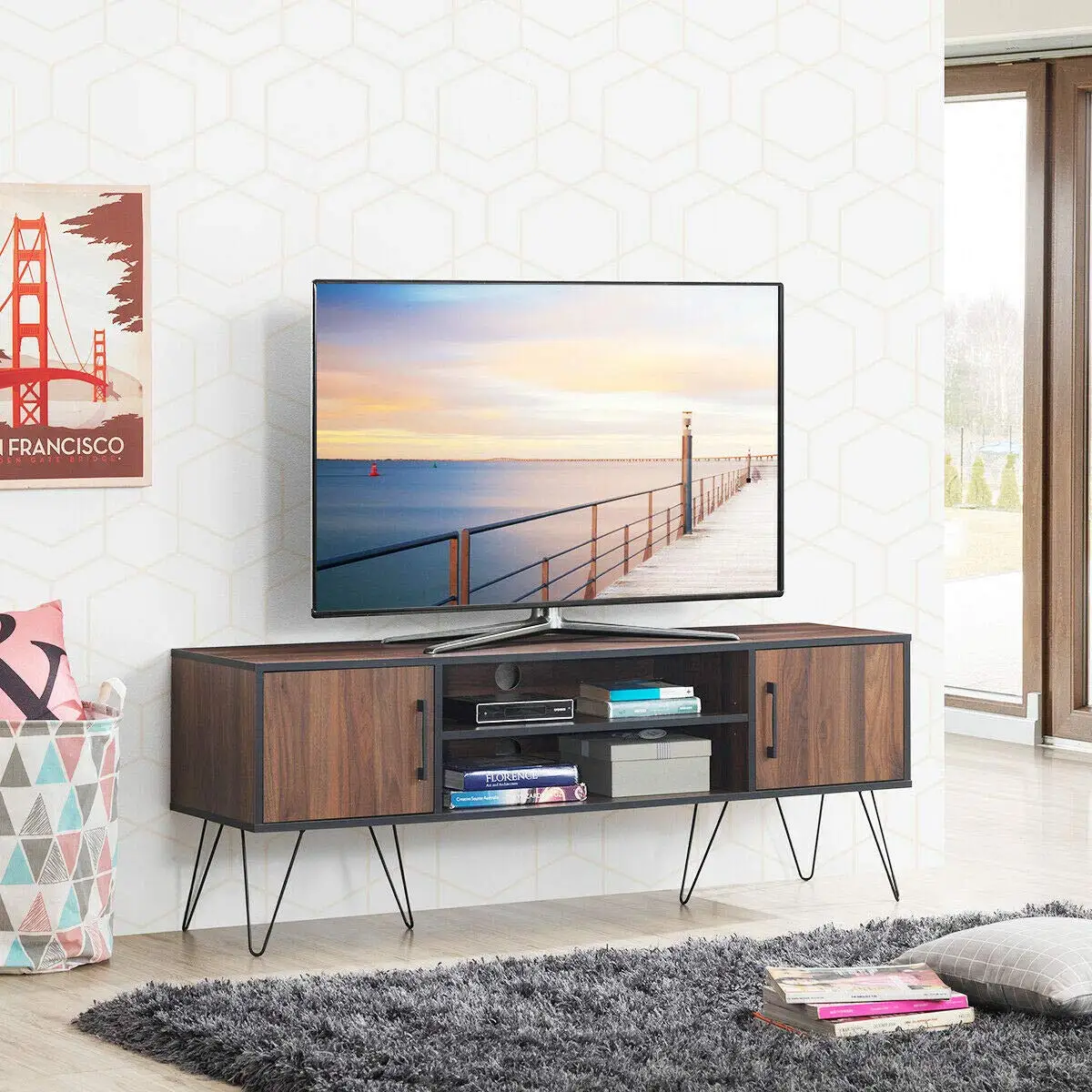 Multi-Function TV Stand Media Console Storage Cabinet Metal Leg 60 Inch Display Shelf Home Decor, Customized