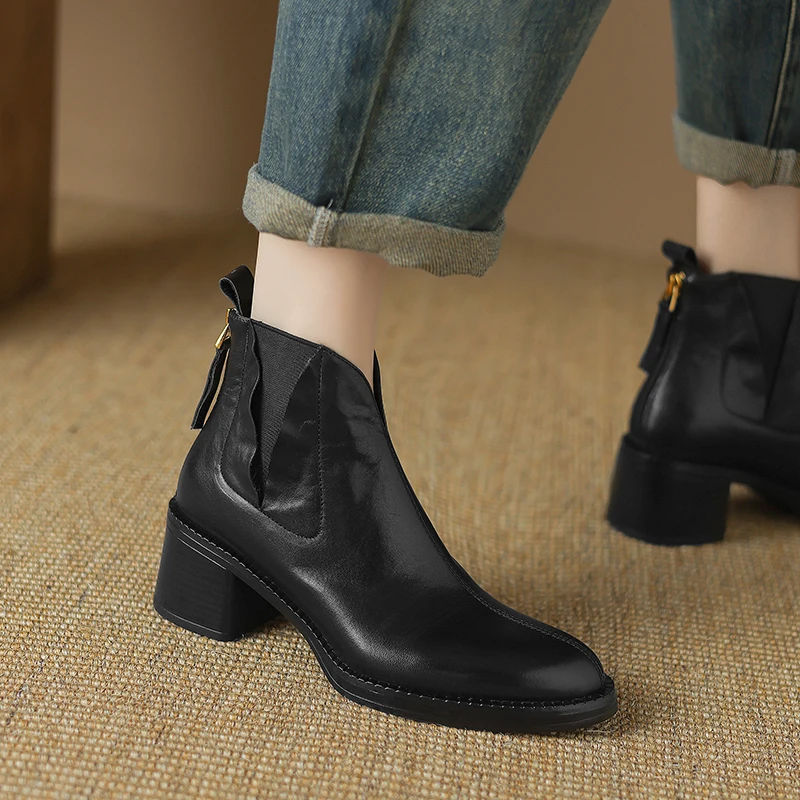 2024 Autumn Women Boots Genuine Leather Shoes for Women Pointed Toe Chunky Heel Shoes Slip-on Ankle Boots Handmade Western Boots