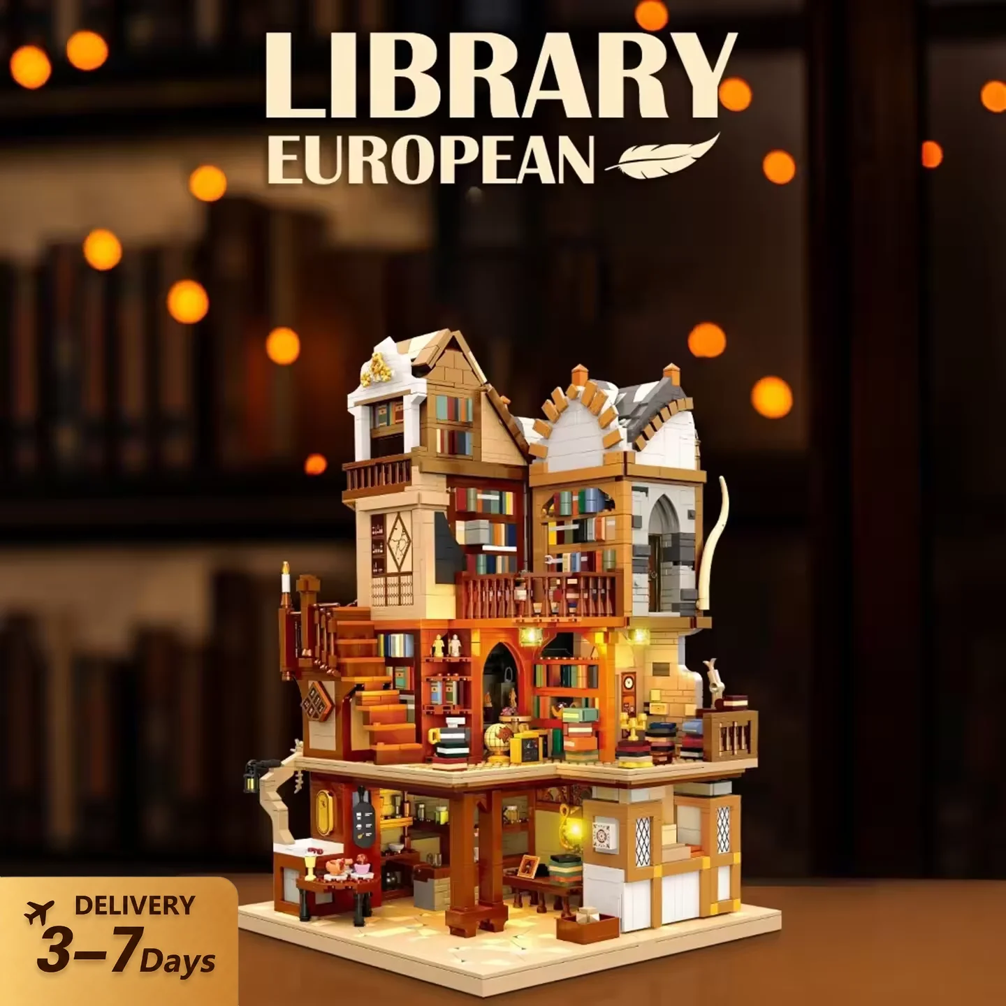 Mittelalterliches Europäisches Bibliotheks-Bausteinset Stadtansicht-Architektur Modulares Baustein-Montagemodell Ziegelstein-Kit Kreatives Spielzeug Geschenk für Erwachsene 3294 Teile