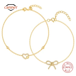CANNER 925 Sterling Silver Smooth Hollow Love Heart Zircon Bracelet For Women Ins Bow Little Daisy Bracelet Fine Jewelry Gift