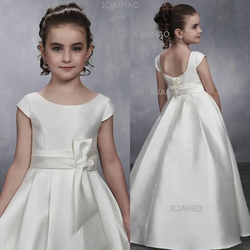 Girls' Long Evening Performance Gown, Cute White Satin Princess Dress For Cello & Piano Performance, Bridesmaid Wedding Dress