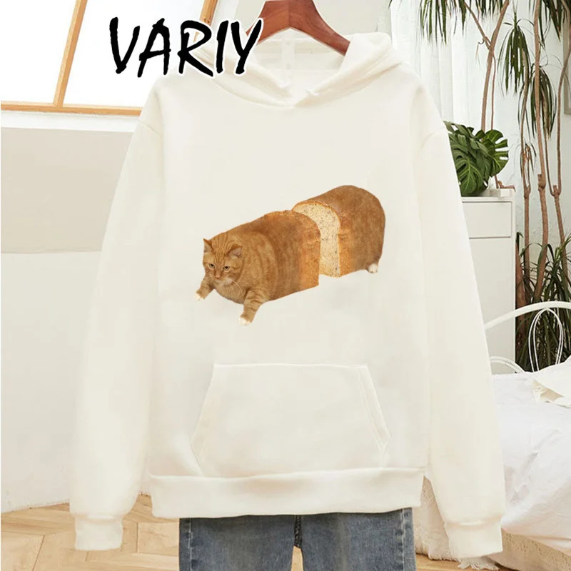 

Funny Tops Sweatshirt Clothing Streetwear Hoodies Cat Bread Oversized Hoodies for Women Clothes White Harajuku Print Hoodied