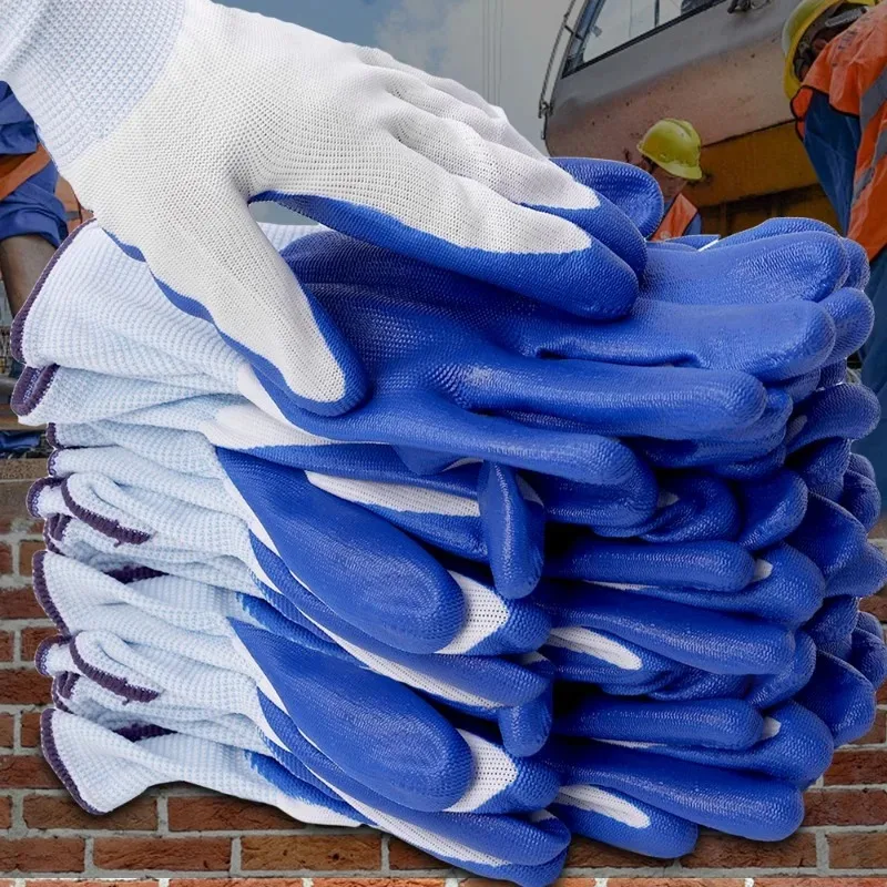 1/12pair Blue White Working Gloves Wordless Impregnated Wear-resistant Anti Slip Work Gloves Gardening Grip Protective Mittens