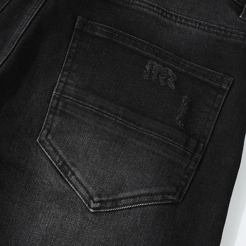 Designer street fashion boutique men's retro black ripped blue patch jeans Y2K elastic tight jeans hip-hop brand high-quality pa