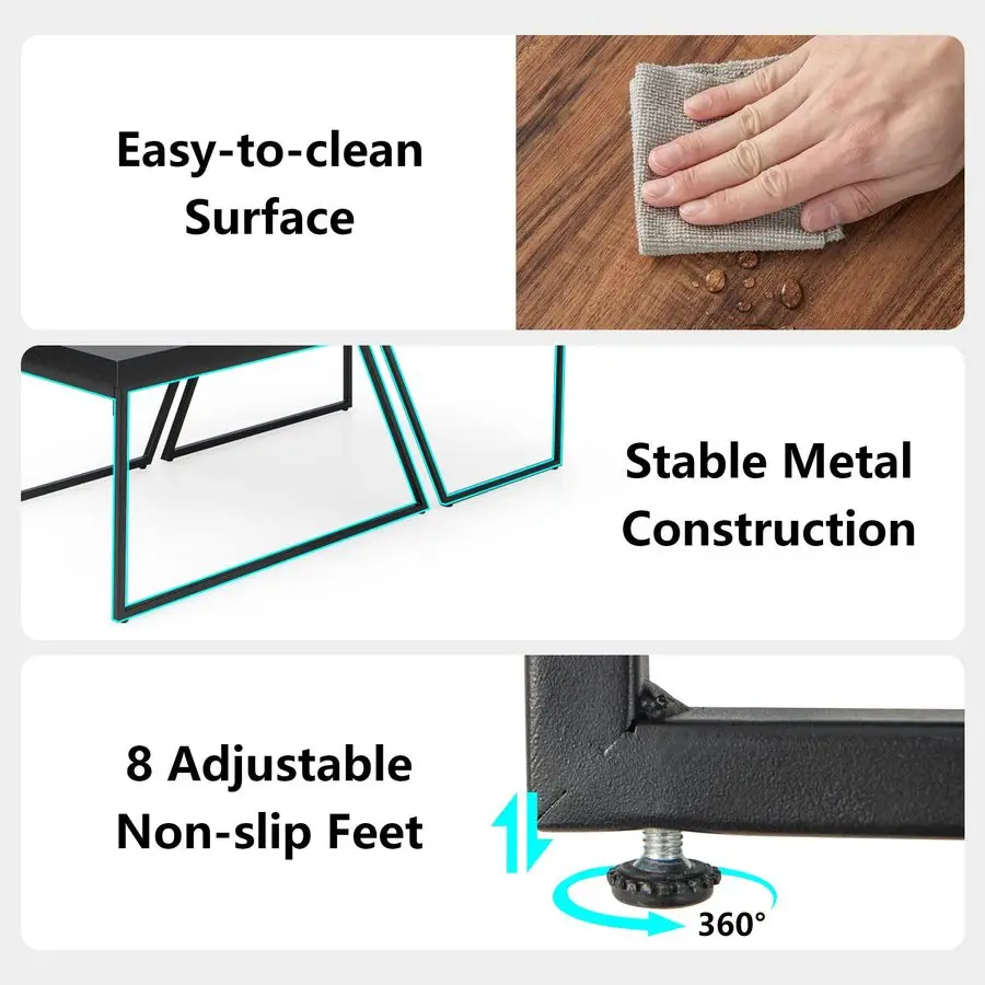 Stacking Coffee Table Set of 2, Black amp Brown Modern Side Table with Powder Coated Metal Legs, Trapezoid Nesting Table for Liv