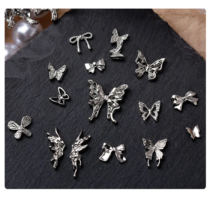 50pcs Retro Silver Alloy Bow Nail Charms Luxury Ribbon Butterfly Wings Y2K Metal Nail Art Rhinestones Decor Manicure Accessories
