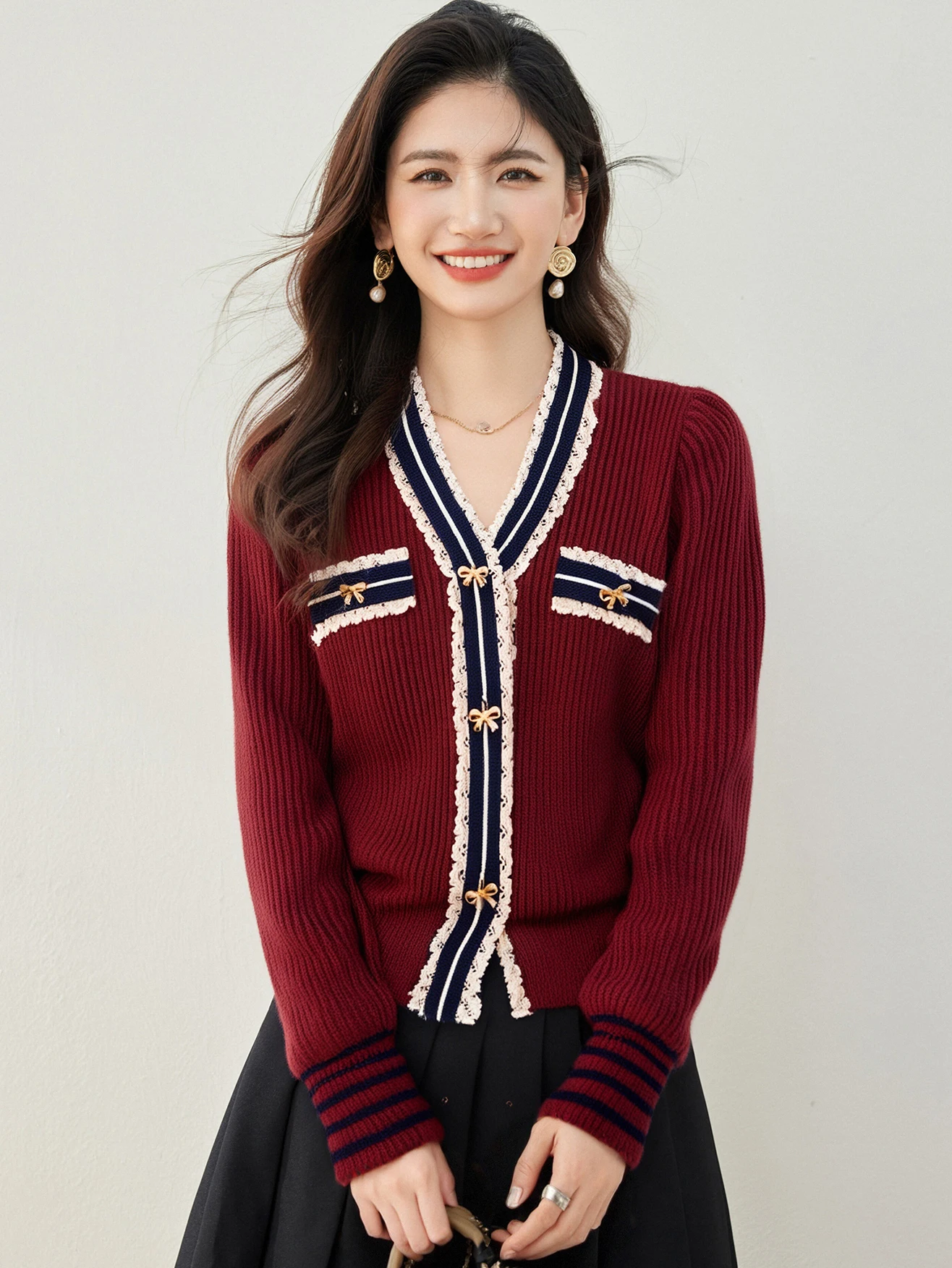 

Chic ort Knitted Sweater Women's Design Sense Single Button Slimming Long Sleeves V-Ne Korean Commute Top