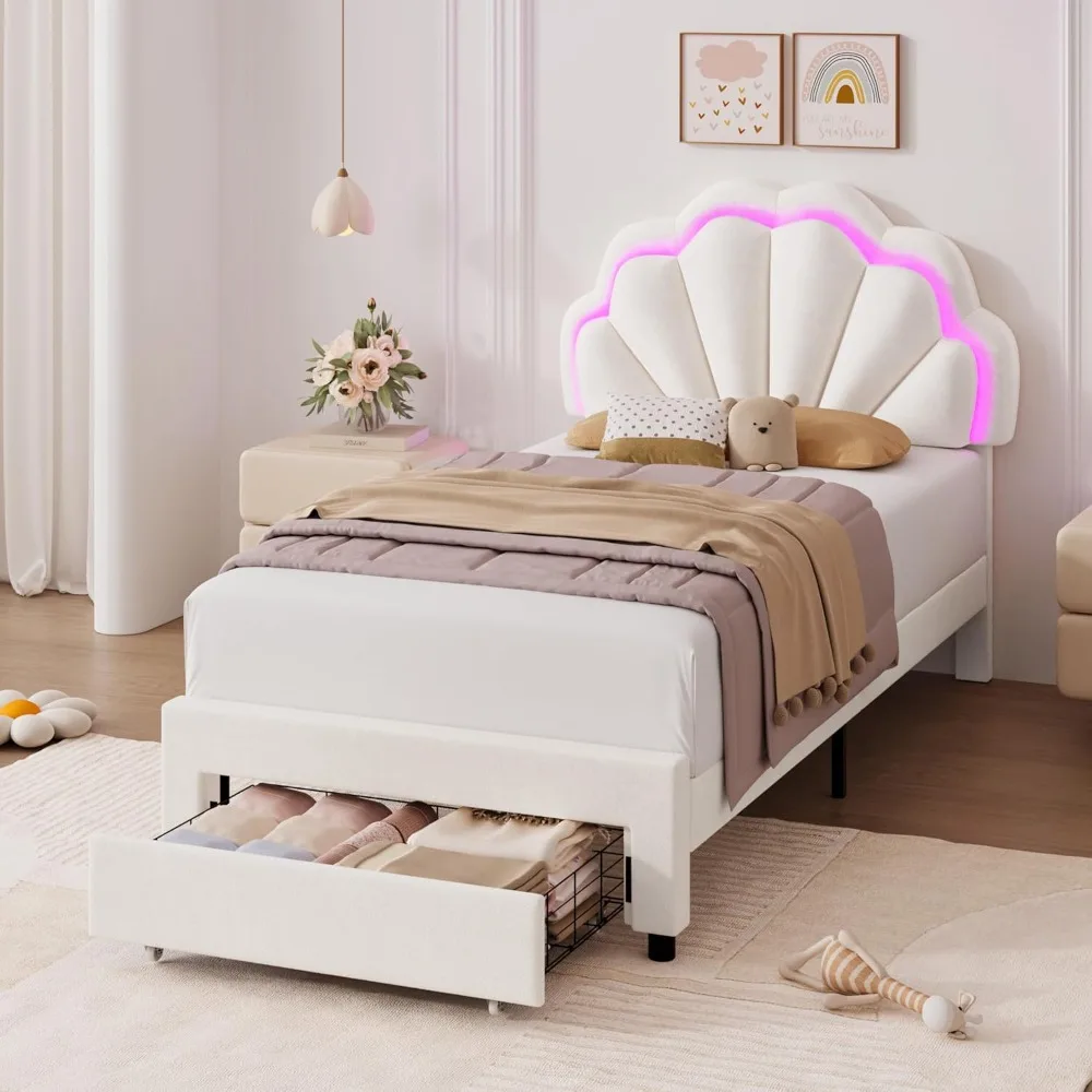 

HIFIT Twin Upholstered Smart LED Bed Frame with Storage Drawer and Adjustable Chic Double Petal Headboard, Princess Platform Bed