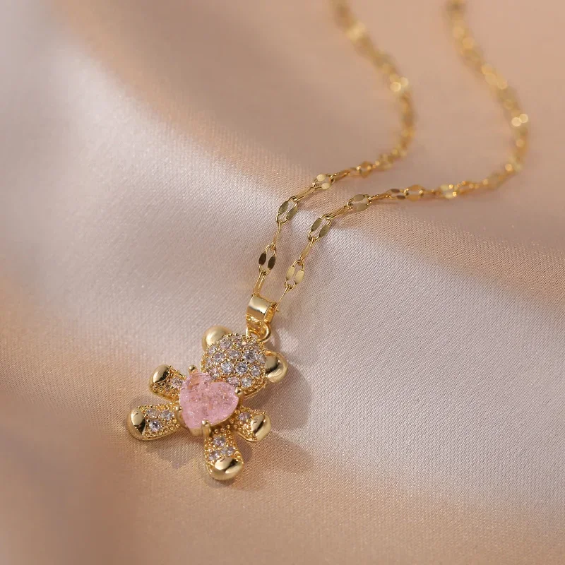 Cute Pink Blue Zircon Bear Pendant Necklaces for Women Girls Gold Color Stainless Steel Chain Lovely Accessories Jewelry Gifts