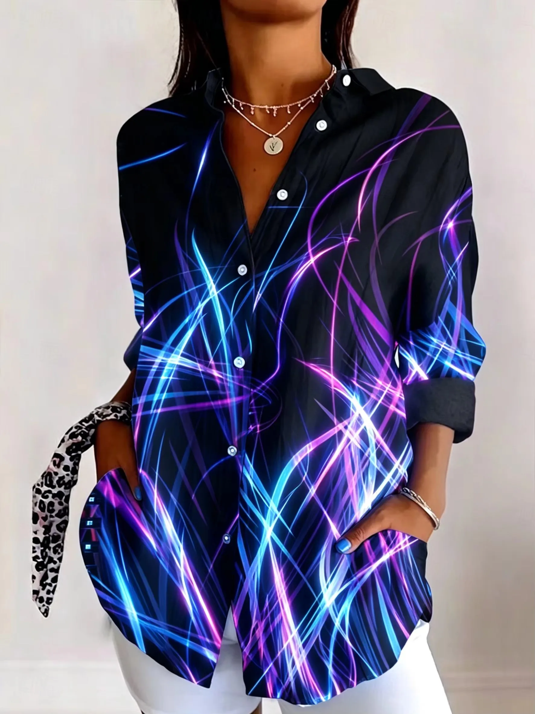 Women's Lapel Long Sleeve Abstract Neon Line Print Button-Up Shirt Casual Fashion Tops for Spring Summer Daily Street blouses