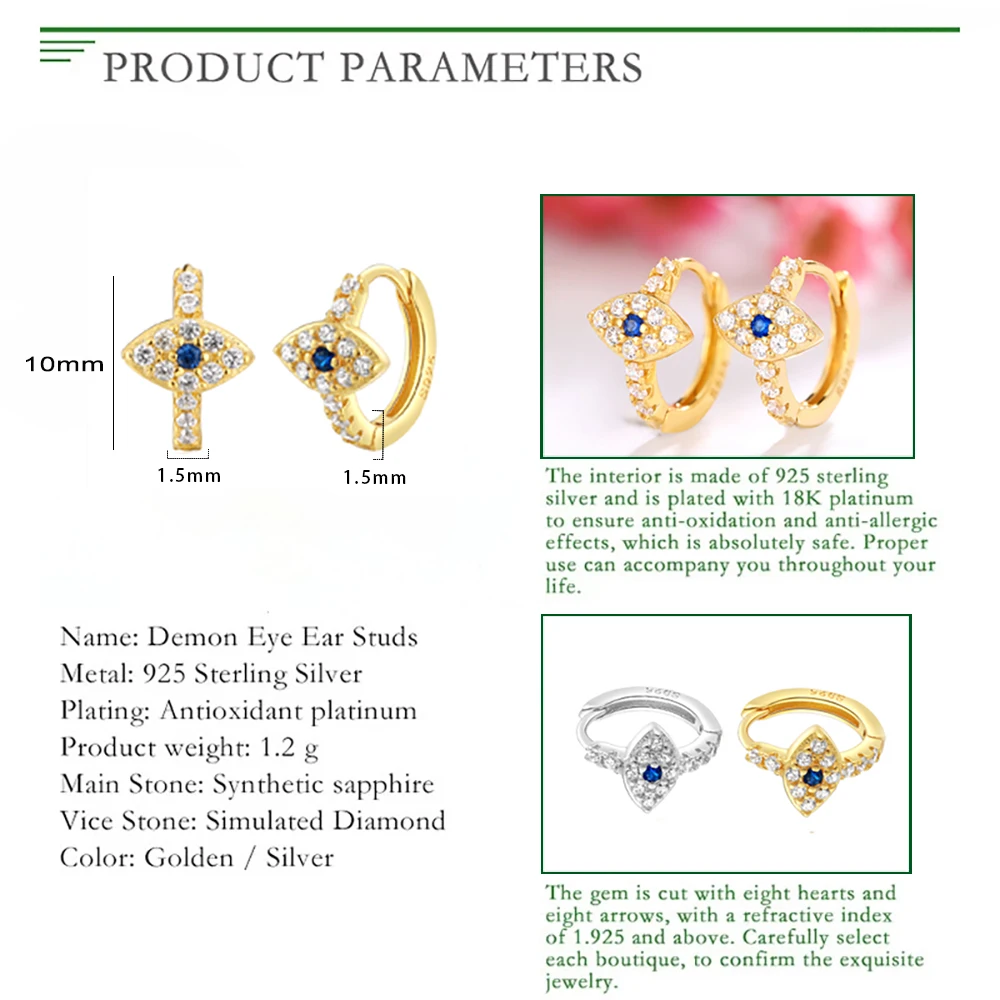 100% 925 Sterling Silver Earrings Delicate Demon Eye Earrings Women\'s Personalized Fashion Sapphire Jewelry Party Small Ear Ring