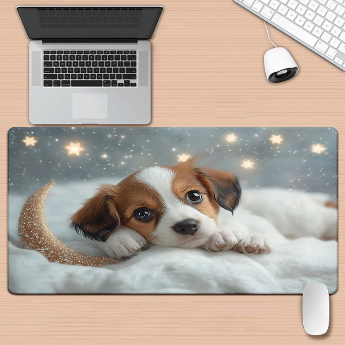 1pc Cozy Puppy Night Art HD Desk Mat - XXL Rubber Mouse Pad with Stars & Moon Design, Multi-Functional Keyboard & Gaming Mat for
