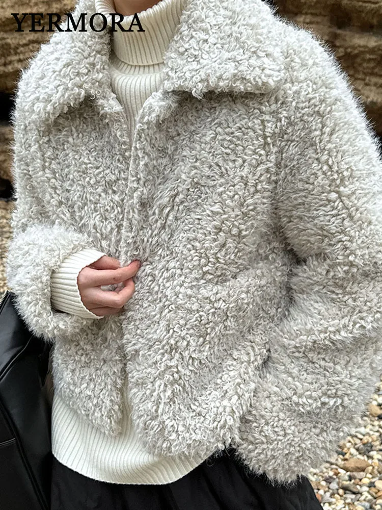 

YERMORA Women Gray Fake Lamb Fur Buckle Jacket Lapel Long Sleeve Loose New Thick Shearling Coat Fashion Tide Autumn Winter 2025