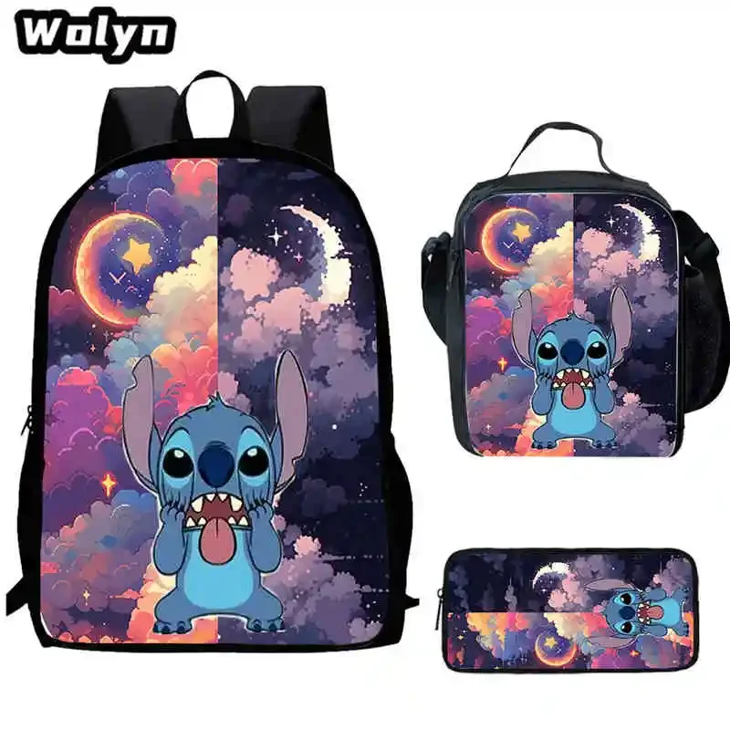 3Pcs Set Cartoon  S-Stich Prints School Backpack Lunch Bags Pencil Bags for Kindergarten, Cartoon School Bag for Boys Girl