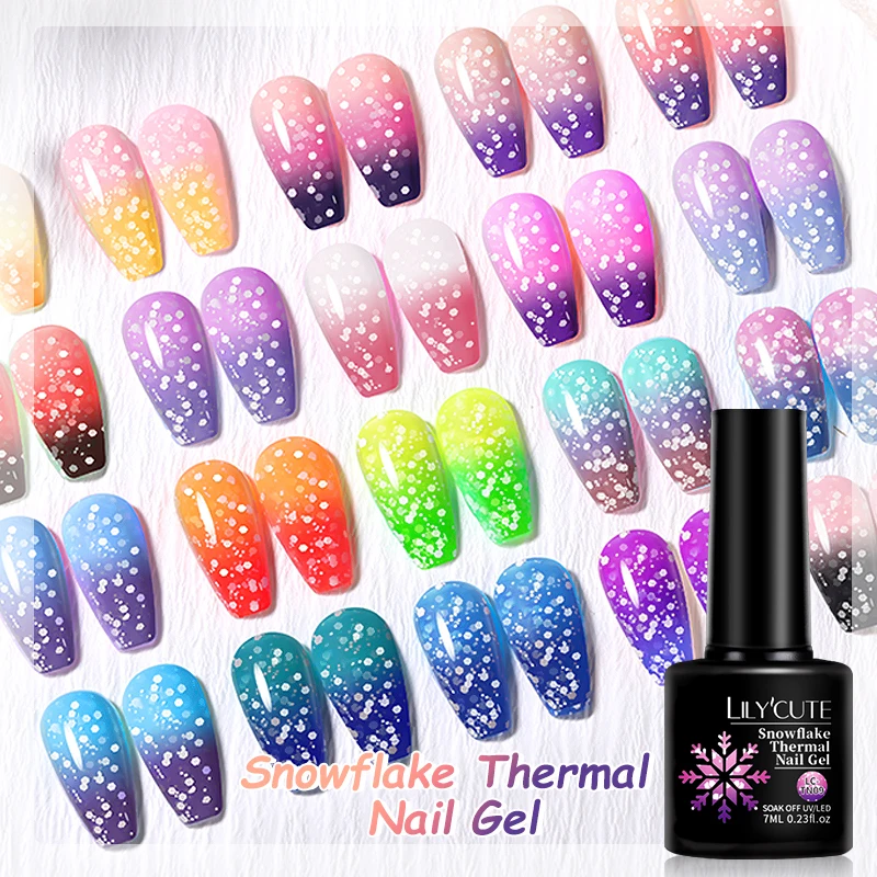 LILYCUTE 7ML Snowflake Thermal Gel Nail Polish Nail Art Snow Sequins Temperature Color Changing Gel Polish Semi Permanent UV Gel