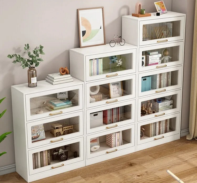 Bookcase with glass door, dust-proof shelf, household bedroom storage cabinet, display cabinet integrated against the wall, chil