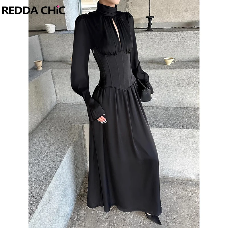 

REDDACHiC Women Laced Waist Trainer Dress Set Vintage Turtleneck Flare Sleeve Cut-out Satin Black Cinched Dress Gothic Costumes