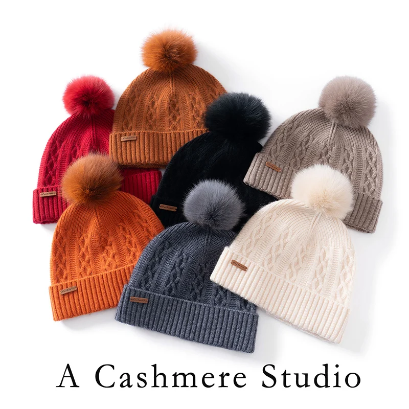 100% Mongolian Cashmere Beanie 3D-Cable Women Pom-pom Real Rabbit Pompoms Hat Soft Men Winter Knitted Pure Cashmere Warm Caps