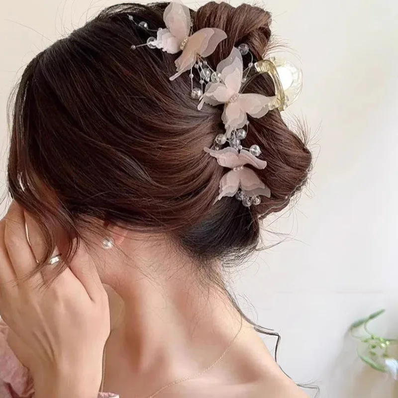 Pinza para el pelo elegante con perlas de mariposa para mujer y niña, adorno para el pelo, horquilla, pinza para el pelo, accesorios para el cabello a la moda