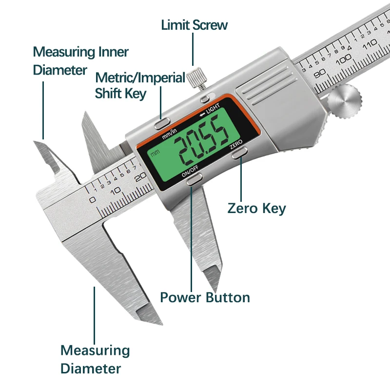 150mm Backlit Digital Caliper Stainless Steel Metal Calipers 6inch LCD Display Electronic Vernier Caliper Measuring Tool Gauge