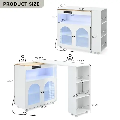 Extended Island Cart with Side Shelves and Glass Door | Mobile Kitchen Island with LED Lights and Four Wheels for