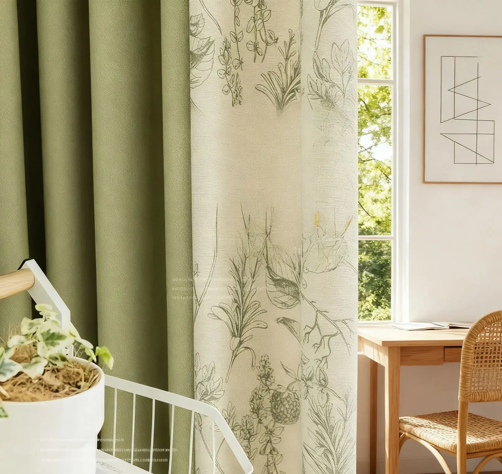 

Green Print Modern Simple Pastoral Curtains Cotton and Linen Bedroom Shading Feeling Living Room Light Luxury